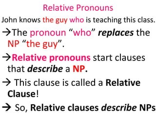 Relative Pronouns John knows  the guy   who  is teaching this class.   The  pronoun  “ who ”  replaces  the  NP  “ the guy ”.   Relative pronouns   start clauses that   describe   a   NP .    This clause is called a  Relative Clause !    So,  Relative clauses  describe  NPs 