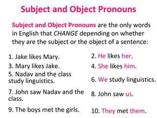 Subject and Object Pronouns Subject and Object Pronouns  are the only words in English that  CHANGE  depending on whether they are the subject or the object of a sentence:  1. Jake likes Mary.  3. Mary likes Jake. 2.  He  likes  her . 4.  She  likes  him .  5. Nadav and the class study linguistics.  7. John saw Nadav and the class. 9. The boys met the girls.  6.  We  study linguistics.  8. John saw  us .  10.  They  met  them .  