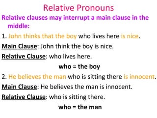 Relative Pronouns Relative clauses may interrupt a main clause in the middle:  1.  John thinks that the boy  who lives here  is nice .  Main Clause : John think the boy is nice.  Relative Clause : who lives here.  who = the boy   2.  He believes the man  who is sitting there  is innocent .  Main Clause : He believes the man is innocent.  Relative Clause : who is sitting there.  who = the man 