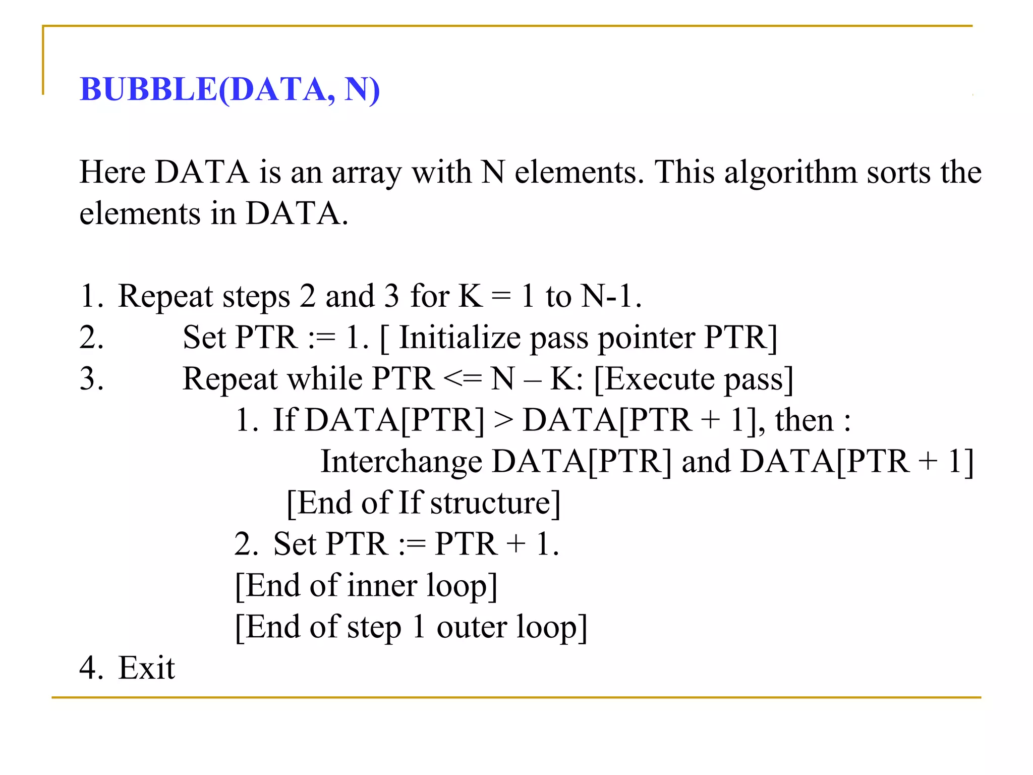 BUBBLE(DATA, N)
Here DATA is an array with N elements. This algorithm sorts the
elements in DATA.
1. Repeat steps 2 and 3 for K = 1 to N-1.
2. Set PTR := 1. [ Initialize pass pointer PTR]
3. Repeat while PTR <= N – K: [Execute pass]
1. If DATA[PTR] > DATA[PTR + 1], then :
Interchange DATA[PTR] and DATA[PTR + 1]
[End of If structure]
2. Set PTR := PTR + 1.
[End of inner loop]
[End of step 1 outer loop]
4. Exit
 