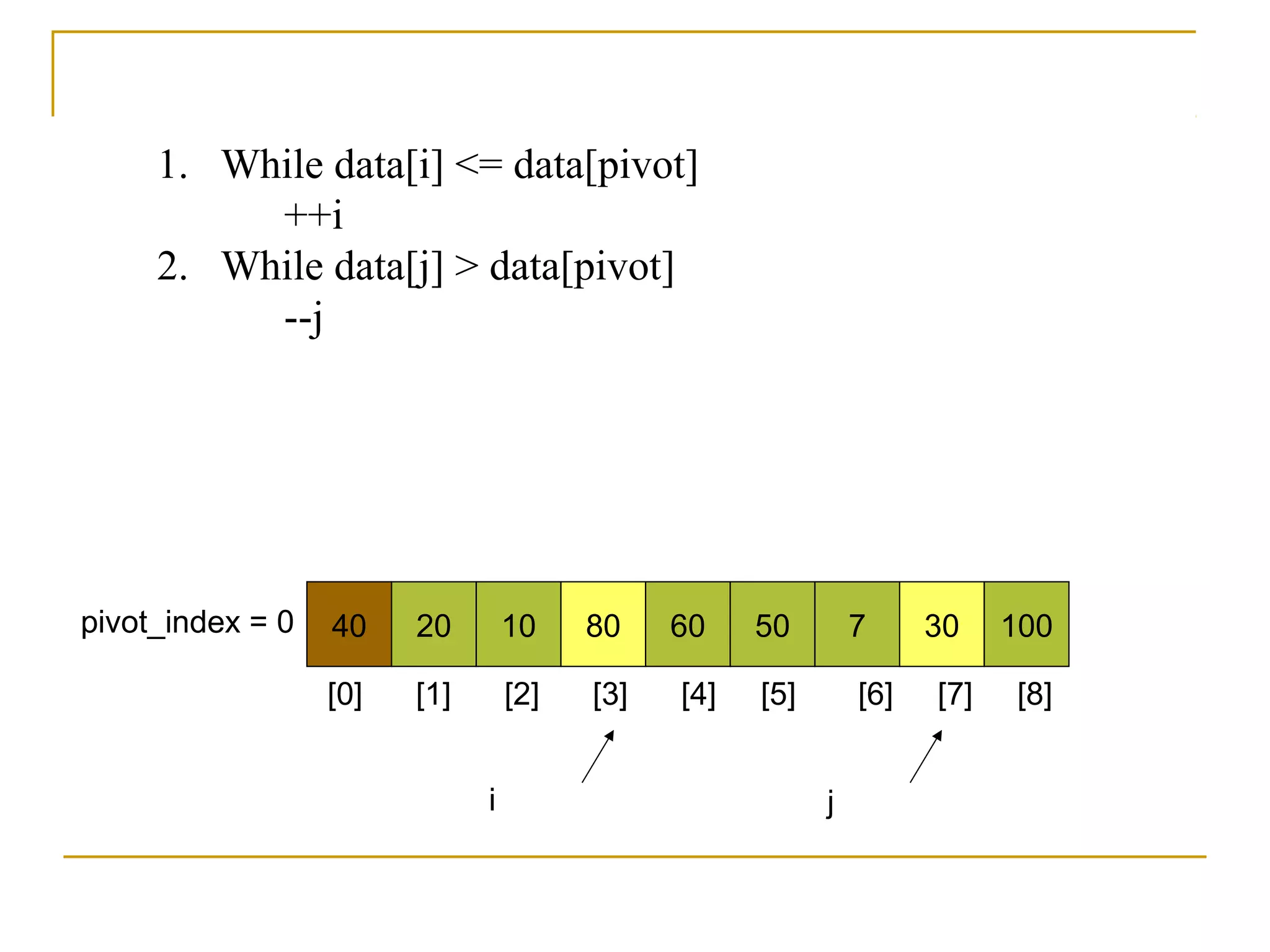 40 20 10 80 60 50 7 30 100pivot_index = 0
[0] [1] [2] [3] [4] [5] [6] [7] [8]
i j
1. While data[i] <= data[pivot]
++i
2. While data[j] > data[pivot]
--j
 