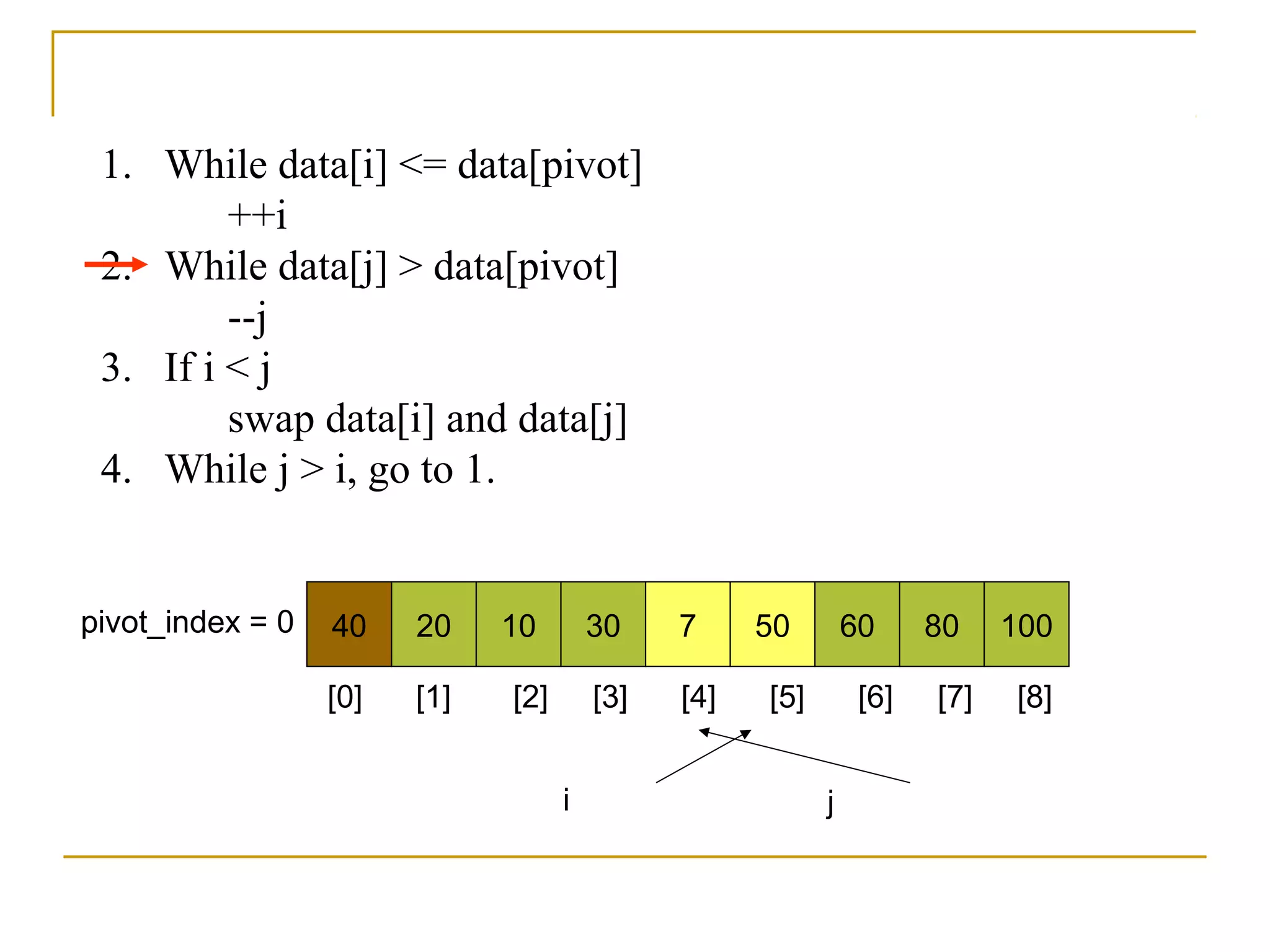 1. While data[i] <= data[pivot]
++i
2. While data[j] > data[pivot]
--j
3. If i < j
swap data[i] and data[j]
4. While j > i, go to 1.
40 20 10 30 7 50 60 80 100pivot_index = 0
i j
[0] [1] [2] [3] [4] [5] [6] [7] [8]
 