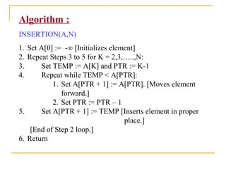 Algorithm :
INSERTION(A,N)
1. Set A[0] := -∞ [Initializes element]
2. Repeat Steps 3 to 5 for K = 2,3,…..,N:
3. Set TEMP := A[K] and PTR := K-1
4. Repeat while TEMP < A[PTR]:
1. Set A[PTR + 1] := A[PTR]. [Moves element
forward.]
2. Set PTR := PTR – 1
5. Set A[PTR + 1] := TEMP [Inserts element in proper
place.]
[End of Step 2 loop.]
6. Return
 