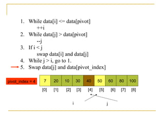 1. While data[i] <= data[pivot]
++i
2. While data[j] > data[pivot]
--j
3. If i < j
swap data[i] and data[j]
4. While j > i, go to 1.
5. Swap data[j] and data[pivot_index]
7 20 10 30 40 50 60 80 100pivot_index = 4
i j
[0] [1] [2] [3] [4] [5] [6] [7] [8]
 