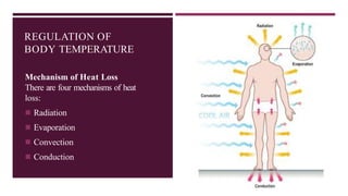 REGULATION OF
BODY TEMPERATURE
Mechanism of Heat Loss
There are four mechanisms of heat
loss:
◾ Radiation
◾ Evaporation
◾ Convection
◾ Conduction
 