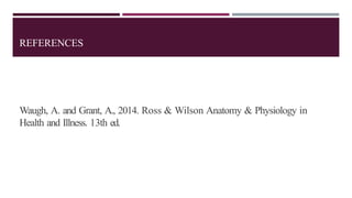 REFERENCES
Waugh, A. and Grant, A., 2014. Ross & Wilson Anatomy & Physiology in
Health and Illness. 13th ed.
 