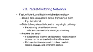 2.3. Packet-Switching Networks
• Fast, efficient, and highly reliable technology
—Breaks data into packets before transmiring them
• E.g., the Internet
—Data delivery doesn't depend on any single pathway
• Packets may take different routes
—Packets may need to be rearranged on delivery
—Packets are small
• If a packet fails to arrive at destination, retransmission
request can be serviced with minimal time loss
• Reduces the time each switch or host needs to
receive, analyze, and retransmit packets
 