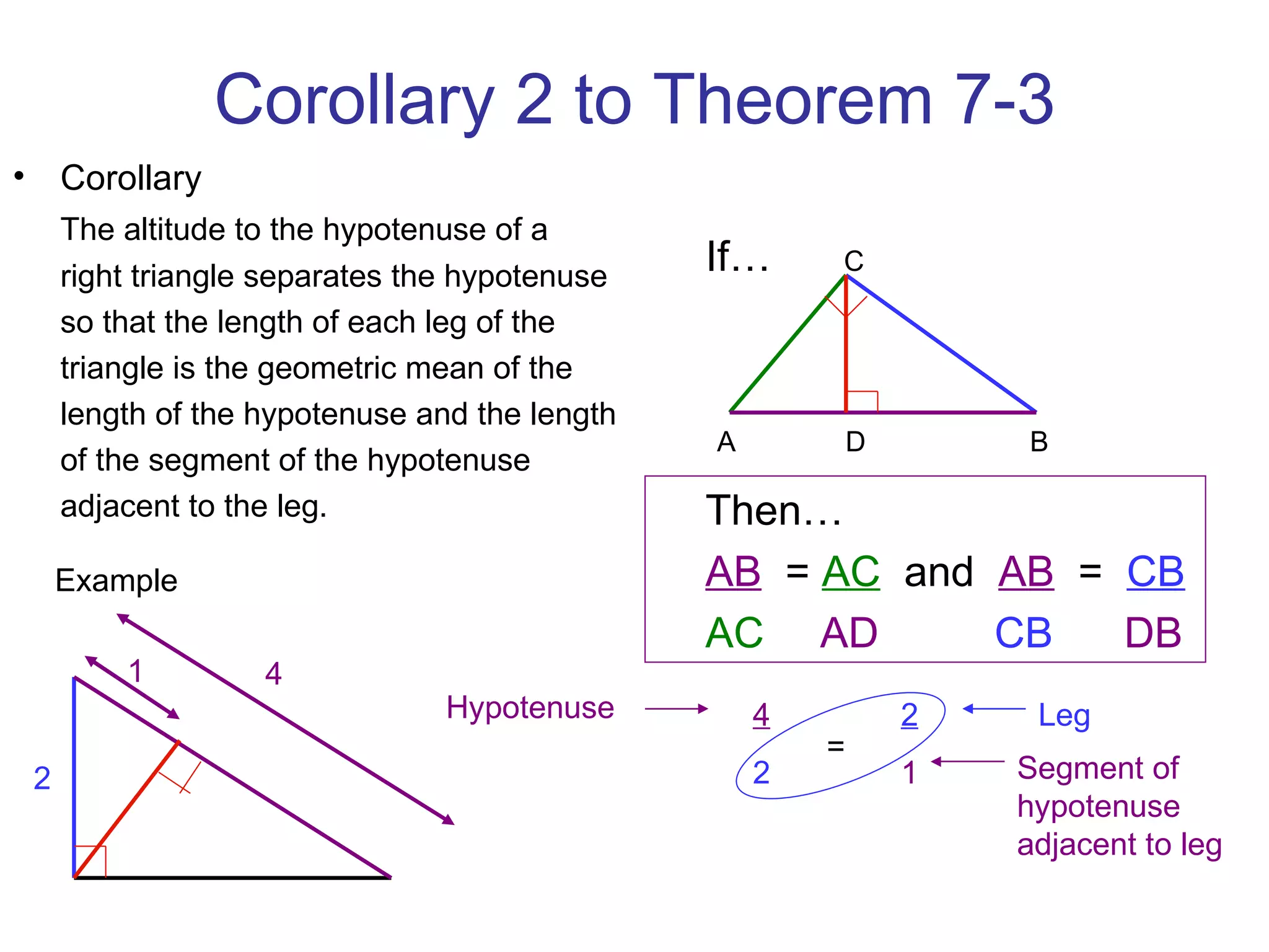 Corollary 2 to Theorem 7-3
•       Corollary
        The altitude to the hypotenuse of a
        right triangle separates the hypotenuse   If…     C

        so that the length of each leg of the
        triangle is the geometric mean of the
        length of the hypotenuse and the length
                                                  A           D       B
        of the segment of the hypotenuse
        adjacent to the leg.                      Then…
        Example                                   AB = AC and AB = CB
                                                  AC AD       CB   DB
            1         4
                                   Hypotenuse         4           2    Leg
                                                          =
    2                                                 2           1   Segment of
                                                                      hypotenuse
                                                                      adjacent to leg
 