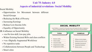 Unit 75: Industry 4.0
Aspects of industrial revolutions- Social Mobility
Social Mobility
Opportunities for Movement between different
Social Groups
Reducing the Risk of Poverty
Increasing Earnings
Reduce Low-Income Jobs
Equality of Opportunity
IR 4 influence on Social Mobility
-ves-No low-skill, low-pay jobs
Widen Existing Societal Rifts and class conflicts
+ves -Digitally Augmented Workforce
No repetitive tasks
Collaborations between People and Technology
Smart cities
 