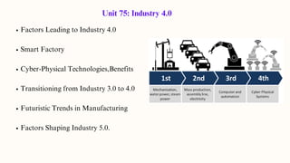 Factors Leading to Industry 4.0
Smart Factory
Cyber-Physical Technologies,Benefits
Transitioning from Industry 3.0 to 4.0
Futuristic Trends in Manufacturing
Factors Shaping Industry 5.0.
Unit 75: Industry 4.0
 