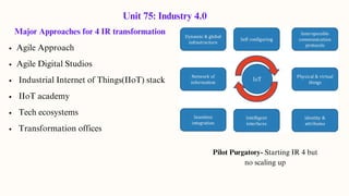 Major Approaches for 4 IR transformation
Agile Approach
Agile Digital Studios
Industrial Internet of Things(IIoT) stack
IIoT academy
Tech ecosystems
Transformation offices
Unit 75: Industry 4.0
Pilot Purgatory- Starting IR 4 but
no scaling up
 