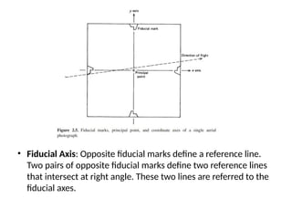 • Fiducial Axis: Opposite fiducial marks define a reference line.
Two pairs of opposite fiducial marks define two reference lines
that intersect at right angle. These two lines are referred to the
fiducial axes.
 