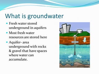 What is groundwater
 Fresh water stored
underground in aquifers
 Most fresh water
resources are stored here
 Aquifer- area
underground with rocks
& gravel that have spaces
where water can
accumulate.
 