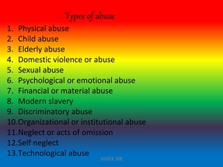 Types of abuse
1. Physical abuse
2. Child abuse
3. Elderly abuse
4. Domestic violence or abuse
5. Sexual abuse
6. Psychological or emotional abuse
7. Financial or material abuse
8. Modern slavery
9. Discriminatory abuse
10.Organizational or institutional abuse
11.Neglect or acts of omission
12.Self neglect
13.Technological abuse
VIVEK SIR
 