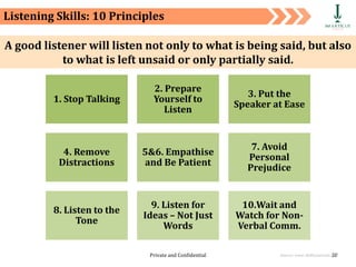 Private and Confidential 28
Listening Skills: 10 Principles
Source: www.Skillsyouneed.com
1. Stop Talking
2. Prepare
Yourself to
Listen
3. Put the
Speaker at Ease
4. Remove
Distractions
5&6. Empathise
and Be Patient
7. Avoid
Personal
Prejudice
8. Listen to the
Tone
9. Listen for
Ideas – Not Just
Words
10.Wait and
Watch for Non-
Verbal Comm.
A good listener will listen not only to what is being said, but also
to what is left unsaid or only partially said.
 