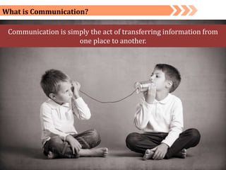 What is Communication?
Communication is simply the act of transferring information from
one place to another.
 