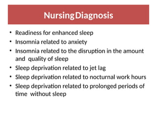 NursingDiagnosis
• Readiness for enhanced sleep
• Insomnia related to anxiety
• Insomnia related to the disruption in the amount
and quality of sleep
• Sleep deprivation related to jet lag
• Sleep deprivation related to nocturnal work hours
• Sleep deprivation related to prolonged periods of
time without sleep
 