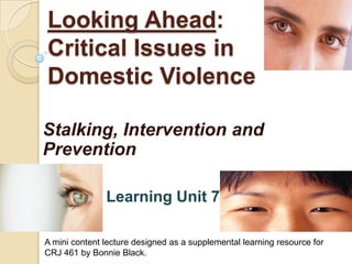 Looking Ahead:Critical Issues in Domestic Violence Stalking, Intervention and Prevention Learning Unit 7 A mini content lecture designed as a supplemental learning resource for  CRJ 461 by Bonnie Black.  