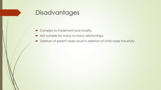 Disadvantages
 Complex to implement and modify.
 Not suitable for many-to-many relationships
 Deletion of parent node result in deletion of child node forcefully
 