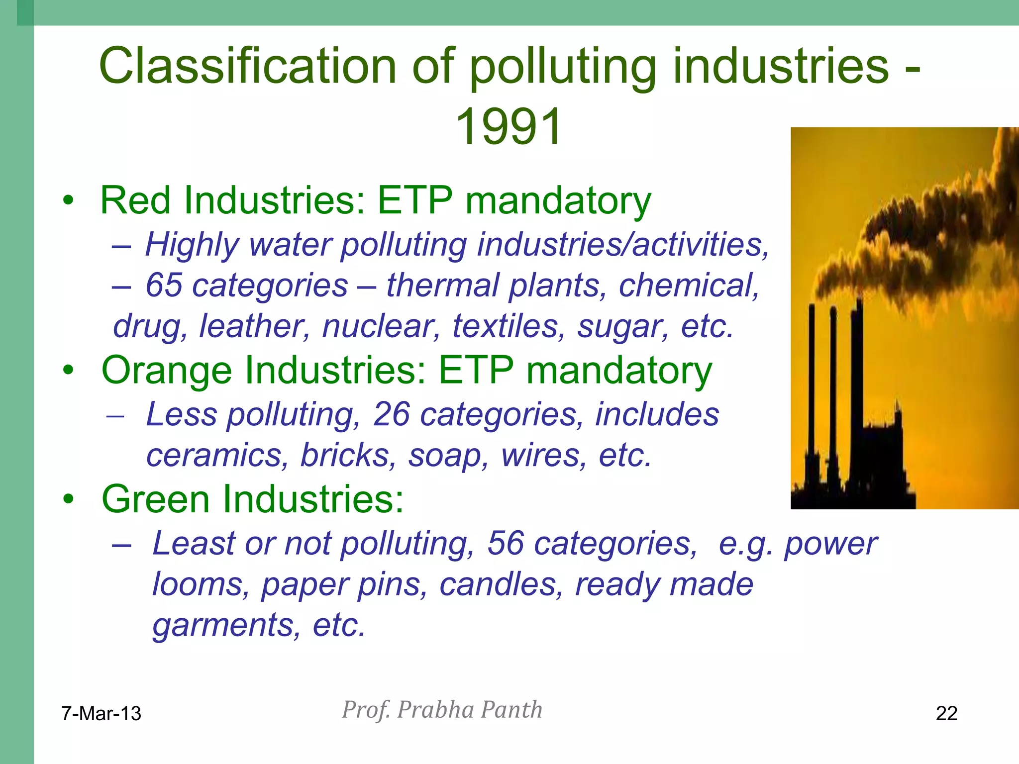 Classification of polluting industries -
                    1991
• Red Industries: ETP mandatory
     – Highly water polluting industries/activities,
     – 65 categories – thermal plants, chemical,
     drug, leather, nuclear, textiles, sugar, etc.
• Orange Industries: ETP mandatory
     Less polluting, 26 categories, includes
      ceramics, bricks, soap, wires, etc.
• Green Industries:
     – Least or not polluting, 56 categories, e.g. power
       looms, paper pins, candles, ready made
       garments, etc.

7-Mar-13             Prof. Prabha Panth                    22
 