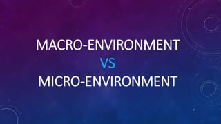 MACRO-ENVIRONMENT
VS
MICRO-ENVIRONMENT
3
 