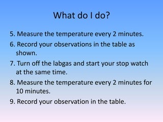 What do I do?
5. Measure the temperature every 2 minutes.
6. Record your observations in the table as
shown.
7. Turn off the labgas and start your stop watch
at the same time.
8. Measure the temperature every 2 minutes for
10 minutes.
9. Record your observation in the table.
 
