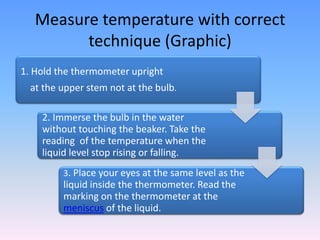Measure temperature with correct
technique (Graphic)
1. Hold the thermometer upright
at the upper stem not at the bulb.
2. Immerse the bulb in the water
without touching the beaker. Take the
reading of the temperature when the
liquid level stop rising or falling.
3. Place your eyes at the same level as the
liquid inside the thermometer. Read the
marking on the thermometer at the
meniscus of the liquid.
 