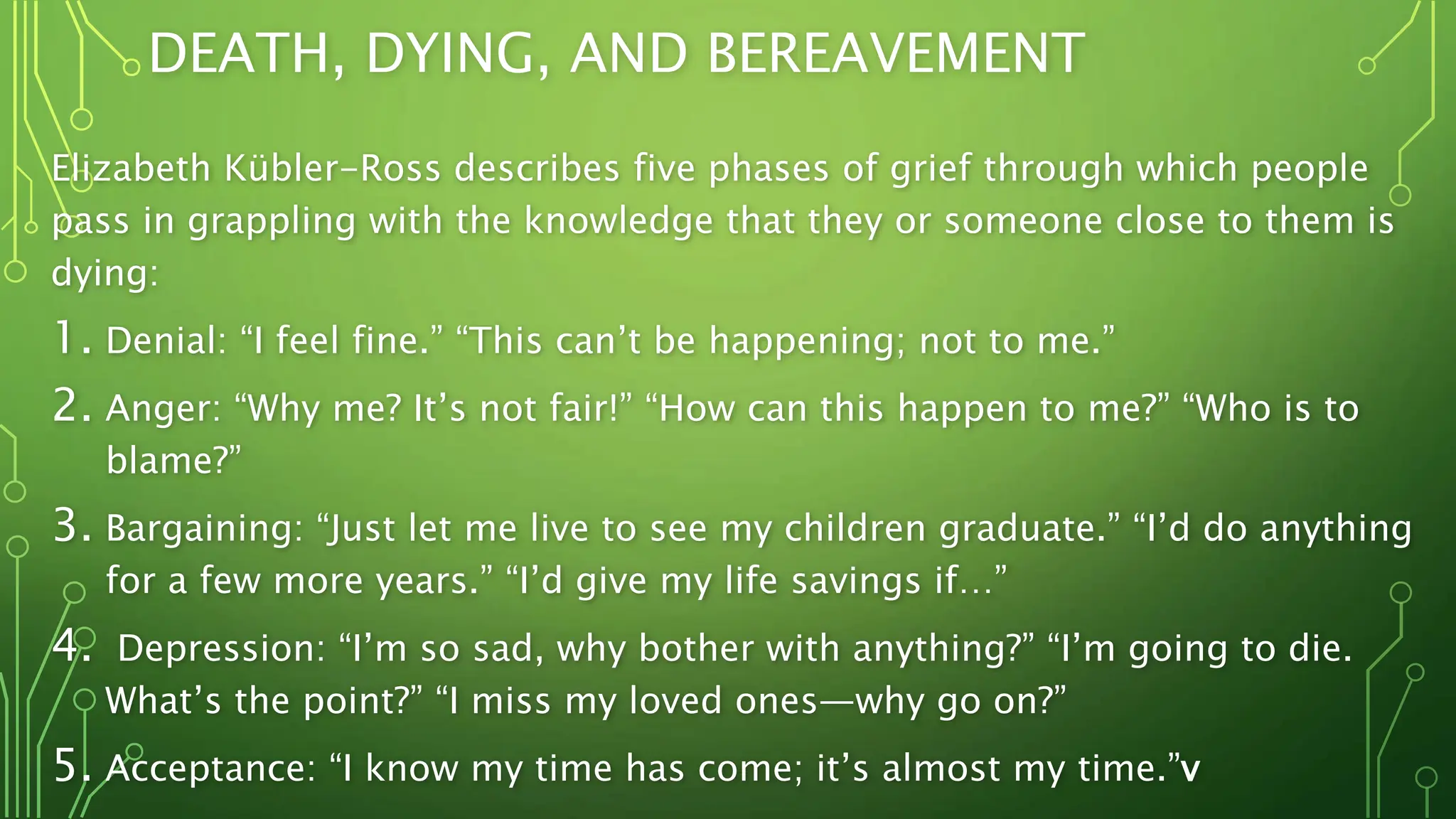DEATH, DYING, AND BEREAVEMENT
Elizabeth Kübler-Ross describes five phases of grief through which people
pass in grappling with the knowledge that they or someone close to them is
dying:
1. Denial: “I feel fine.” “This can’t be happening; not to me.”
2. Anger: “Why me? It’s not fair!” “How can this happen to me?” “Who is to
blame?”
3. Bargaining: “Just let me live to see my children graduate.” “I’d do anything
for a few more years.” “I’d give my life savings if…”
4. Depression: “I’m so sad, why bother with anything?” “I’m going to die.
What’s the point?” “I miss my loved ones—why go on?”
5. Acceptance: “I know my time has come; it’s almost my time.”v
 