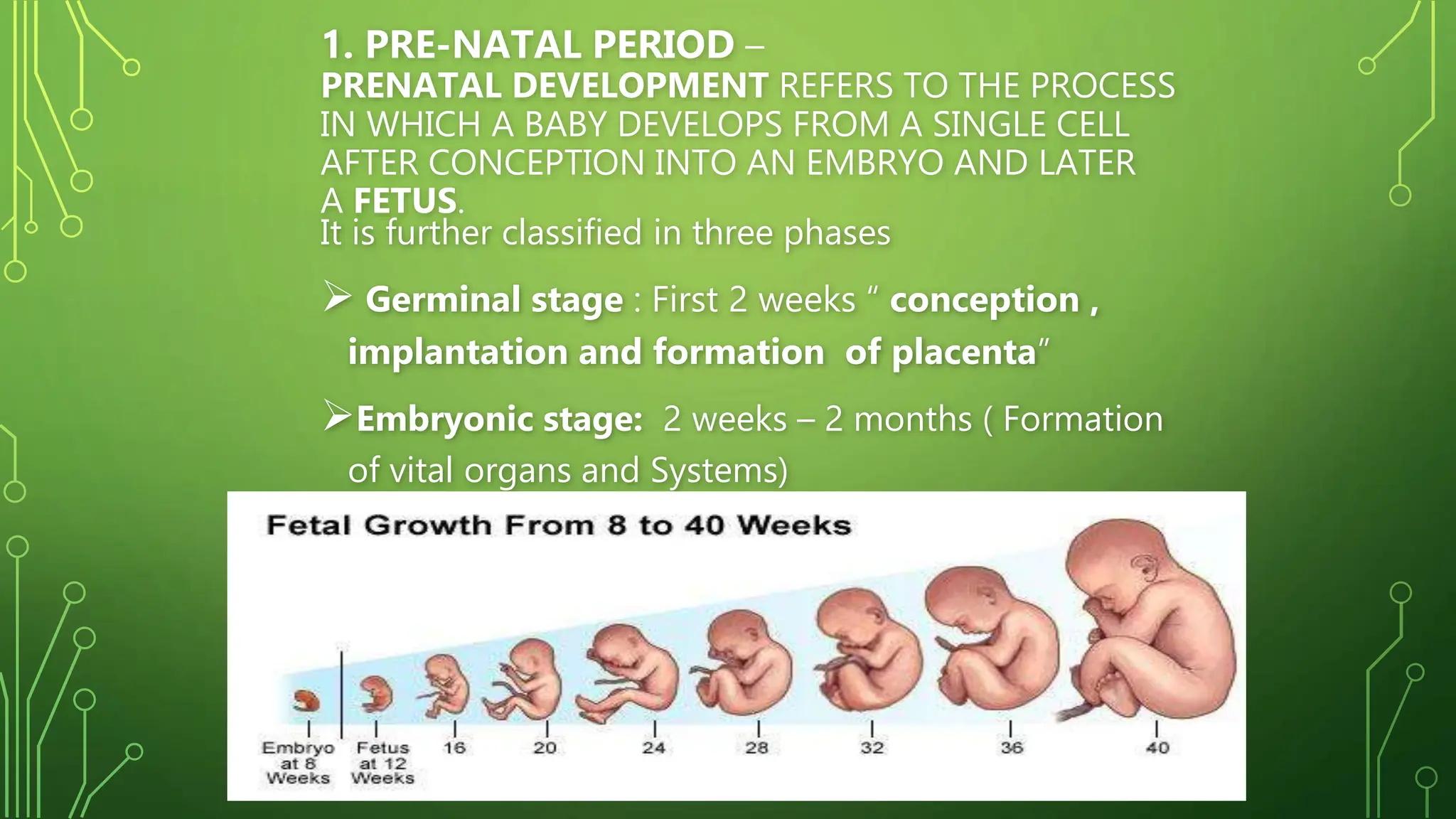 1. PRE-NATAL PERIOD –
PRENATAL DEVELOPMENT REFERS TO THE PROCESS
IN WHICH A BABY DEVELOPS FROM A SINGLE CELL
AFTER CONCEPTION INTO AN EMBRYO AND LATER
A FETUS.
It is further classified in three phases
 Germinal stage : First 2 weeks “ conception ,
implantation and formation of placenta”
Embryonic stage: 2 weeks – 2 months ( Formation
of vital organs and Systems)
Fetal Stage: 2 months – birth
 