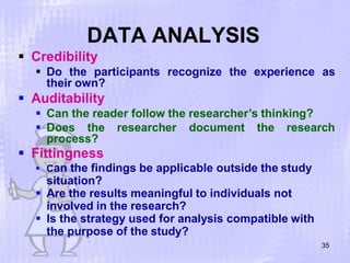 DATA ANALYSIS
35
 Credibility
 Do the participants recognize the experience as
their own?
 Auditability
 Can the reader follow the researcher’s thinking?
 Does the researcher document the research
process?
 Fittingness
 Can the findings be applicable outside the study
situation?
 Are the results meaningful to individuals not
involved in the research?
 Is the strategy used for analysis compatible with
the purpose of the study?
 