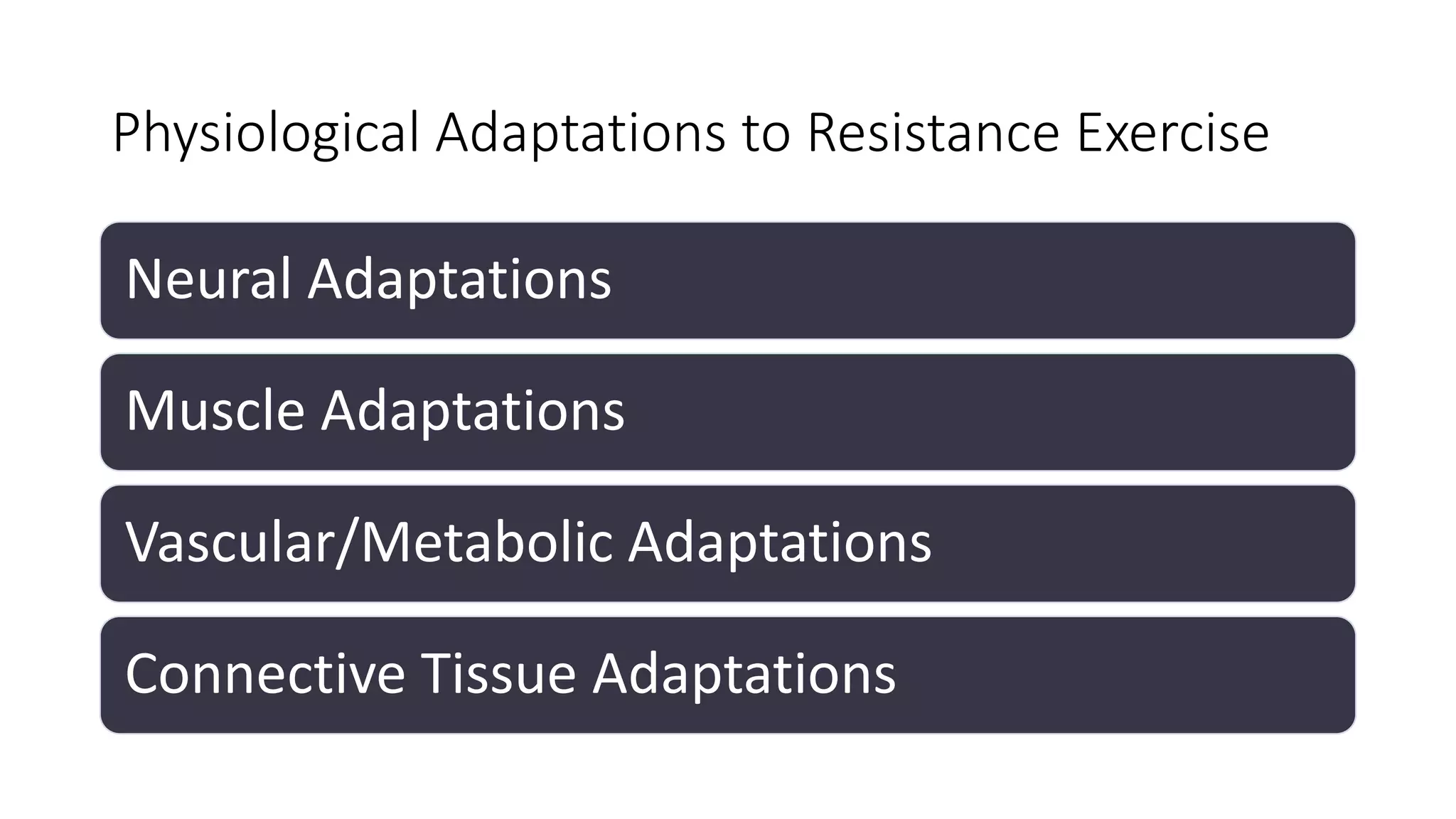 Physiological Adaptations to Resistance Exercise
Neural Adaptations
Muscle Adaptations
Vascular/Metabolic Adaptations
Connective Tissue Adaptations
 