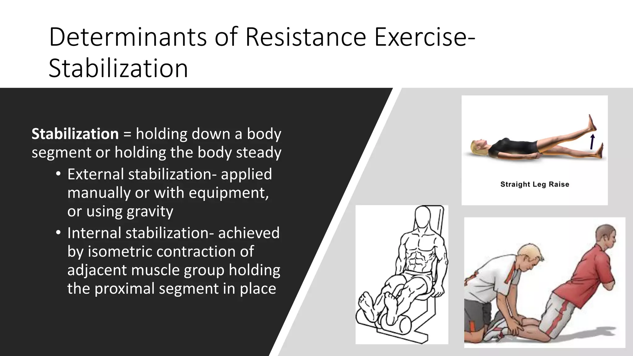 Determinants of Resistance Exercise-
Stabilization
Stabilization = holding down a body
segment or holding the body steady
• External stabilization- applied
manually or with equipment,
or using gravity
• Internal stabilization- achieved
by isometric contraction of
adjacent muscle group holding
the proximal segment in place
 