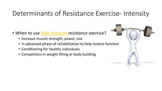 Determinants of Resistance Exercise- Intensity
• When to use High Intensity resistance exercise?
• Increase muscle strength, power, size
• In advanced phase of rehabilitation to help restore function
• Conditioning for healthy individuals
• Competitors in weight lifting or body building
 