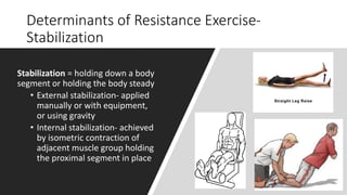 Determinants of Resistance Exercise-
Stabilization
Stabilization = holding down a body
segment or holding the body steady
• External stabilization- applied
manually or with equipment,
or using gravity
• Internal stabilization- achieved
by isometric contraction of
adjacent muscle group holding
the proximal segment in place
 