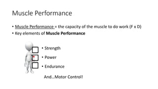 Muscle Performance
• Muscle Performance = the capacity of the muscle to do work (F x D)
• Key elements of Muscle Performance
• Strength
• Power
• Endurance
And…Motor Control!
 