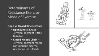 Determinants of
Resistance Exercise-
Mode of Exercise
Open vs Closed Kinetic Chain
• Open Kinetic Chain –
Terminal segment is free
to move
• Closed Kinetic Chain –
Terminal segment meets
considerable external
resistance (or is fixed)
 
