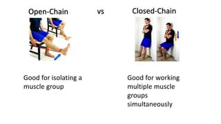 Closed-Chain
Open-Chain vs
Good for isolating a
muscle group
Good for working
multiple muscle
groups
simultaneously
 