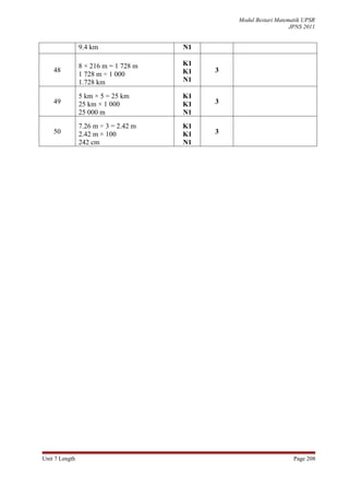 Modul Bestari Matematik UPSR
                                                                  JPNS 2011


                9.4 km                N1

                8 × 216 m = 1 728 m   K1
    48                                K1   3
                1 728 m ÷ 1 000
                1.728 km              N1

                5 km × 5 = 25 km      K1
    49          25 km × 1 000         K1   3
                25 000 m              N1
                7.26 m ÷ 3 = 2.42 m   K1
    50          2.42 m × 100          K1   3
                242 cm                N1




Unit 7 Length                                                      Page 208
 