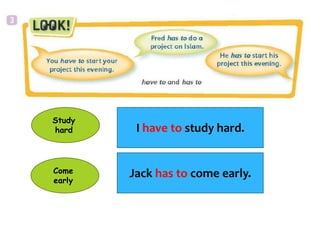 Study
hard I have to study hard.
Come
early
Jack has to come early.
 