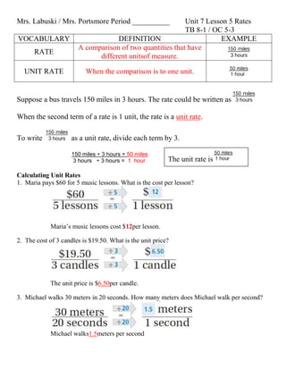 Mrs. Labuski / Mrs. Portsmore Period __________           Unit 7 Lesson 5 Rates
                                                          TB 8-1 / OC 5-3
VOCABULARY                         DEFINITION                        EXAMPLE
                       A comparison of two quantities that have
      RATE
                             different unitsof measure.

  UNIT RATE               When the comparison is to one unit.


Suppose a bus travels 150 miles in 3 hours. The rate could be written as

When the second term of a rate is 1 unit, the rate is a unit rate.

To write             as a unit rate, divide each term by 3.

                     150 miles ÷ 3 hours = 50 miles
                      3 hours ÷ 3 hours = 1 hour          The unit rate is

Calculating Unit Rates
1. Maria pays $60 for 5 music lessons. What is the cost per lesson?




             Maria’s music lessons cost $12per lesson.

2. The cost of 3 candles is $19.50. What is the unit price?




             The unit price is $6.50per candle.

3. Michael walks 30 meters in 20 seconds. How many meters does Michael walk per second?




             Michael walks1.5meters per second
 