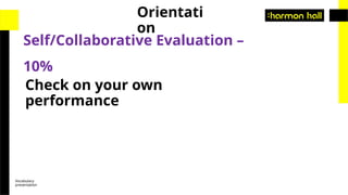 Vocabulary
presentation
Self/Collaborative Evaluation –
10%
Orientati
on
Check on your own
performance
 