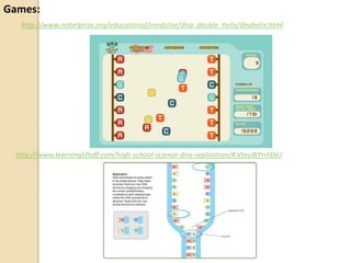 http://www.nobelprize.org/educational/medicine/dna_double_helix/dnahelix.html
http://www.learningliftoff.com/high-school-science-dna-replication/#.VtxuWPnhDIU
Games:
 