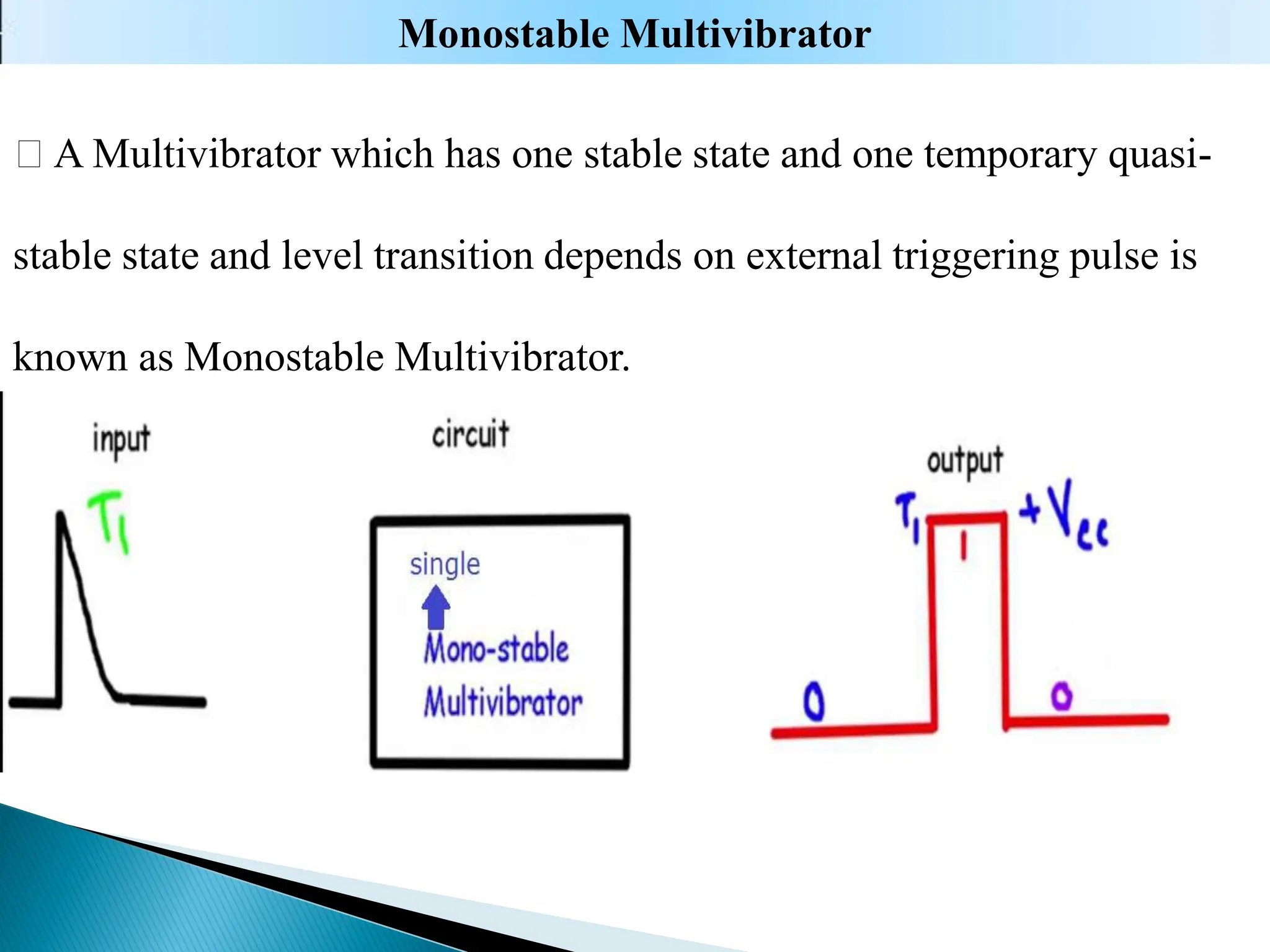 A Multivibrator which has one stable state and one temporary quasi-
stable state and level transition depends on external triggering pulse is
known as Monostable Multivibrator.
Monostable Multivibrator
 