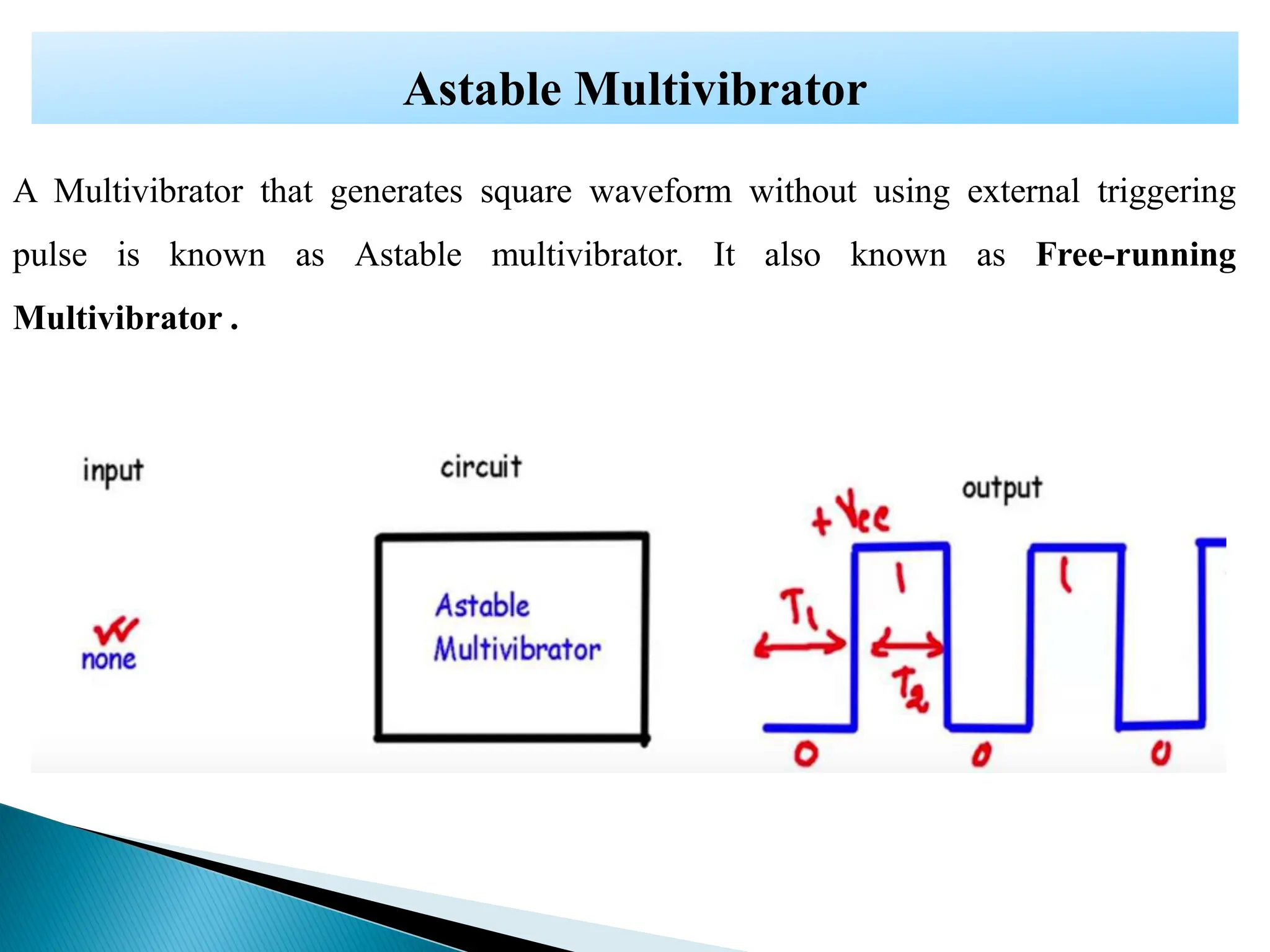 Astable
Astable Multivibrator
A Multivibrator that generates square waveform without using external triggering
pulse is known as Astable multivibrator. It also known as Free-running
Multivibrator .
 