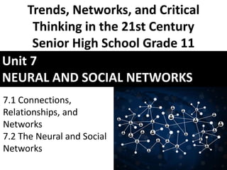 Unit 7
NEURAL AND SOCIAL NETWORKS
Trends, Networks, and Critical
Thinking in the 21st Century
Senior High School Grade 11
7.1 Connections,
Relationships, and
Networks
7.2 The Neural and Social
Networks
 