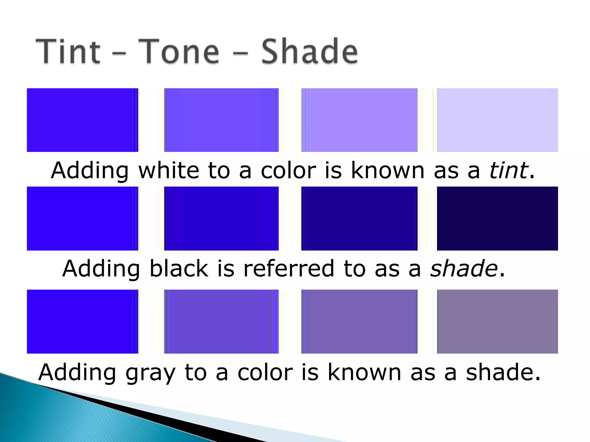 Adding white to a color is known as a tint.



  Adding black is referred to as a shade.



Adding gray to a color is known as a shade.
 