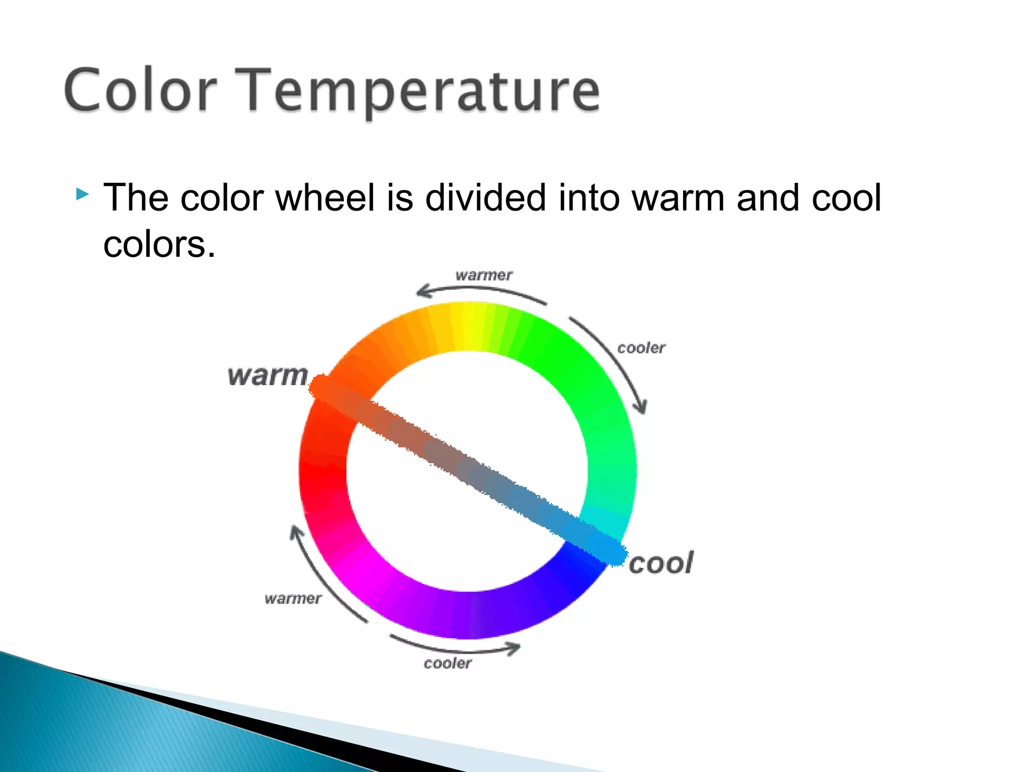    The color wheel is divided into warm and cool
    colors.
 
