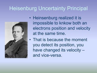 Heisenburg Uncertainty PrincipalHeinsenburg realized it is impossible to knkow both an electrons position and velocity at the same time.That is because the moment you detect its position, you have changed its velocity – and vice-versa.