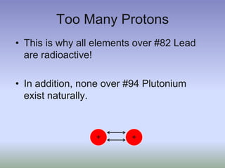 Too Many ProtonsThis is why all elements over #82 Lead are radioactive!In addition, none over #94 Plutonium exist naturally.++