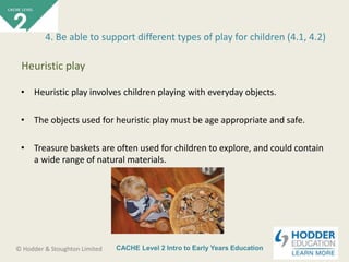 CACHE Level 2 Intro to Early Years Education© Hodder & Stoughton Limited
• Heuristic play involves children playing with everyday objects.
• The objects used for heuristic play must be age appropriate and safe.
• Treasure baskets are often used for children to explore, and could contain
a wide range of natural materials.
4. Be able to support different types of play for children (4.1, 4.2)
Heuristic play
 